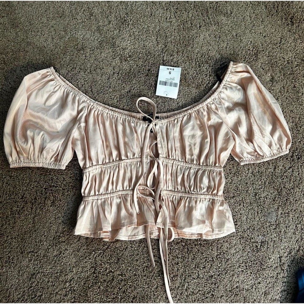 NWT Forever 21 Blush Pink Satin Puff Sleeve Tie Front Crop Top Size Small